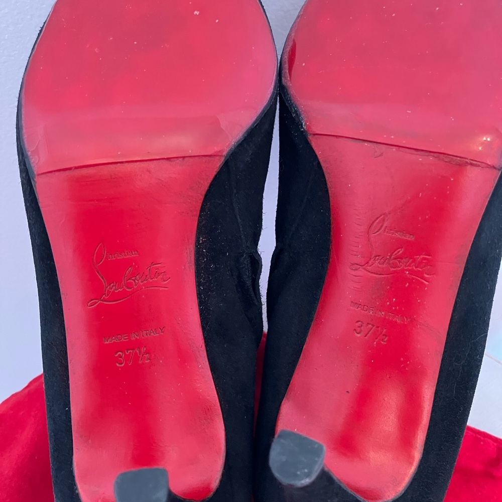 👠 37 1/2 Christian Louboutin Black Suede Ankle Boots with Iconic Red Sole 85 mm - Picture 10 of 13